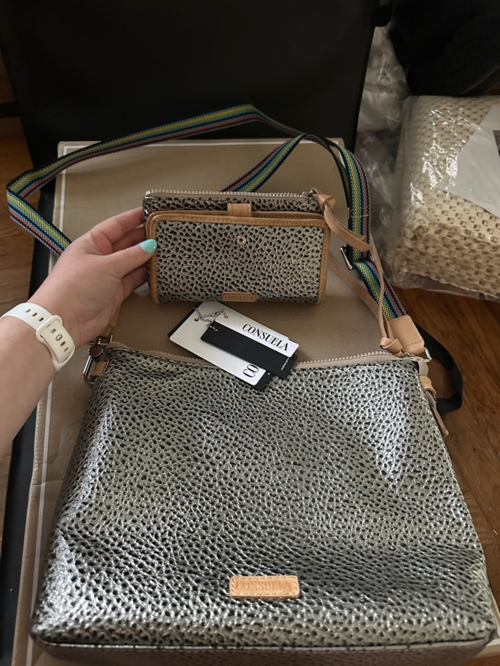 Consuela Silver Metallic Crossbody with Striped Adjustable Strap and Wallet